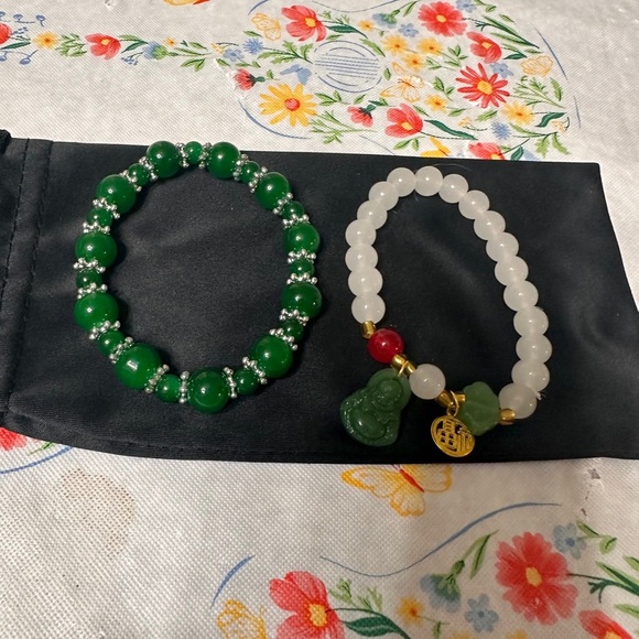 Green and White Beaded Bracelets with Glass Charms - Picture 1 of 3